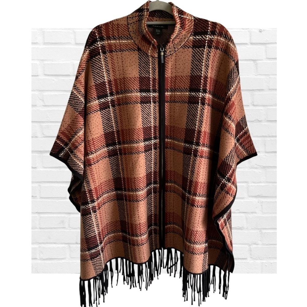 Tahari Plaid Knit Zip-Up Poncho Cape Fringe Brown Black Women’s 2X 3X Plus Size